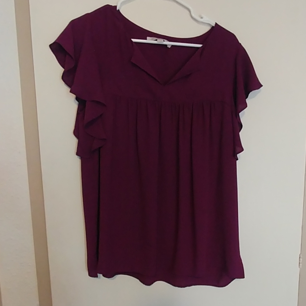 LOFT Plum Ruffle Sleeve Blouse Medium